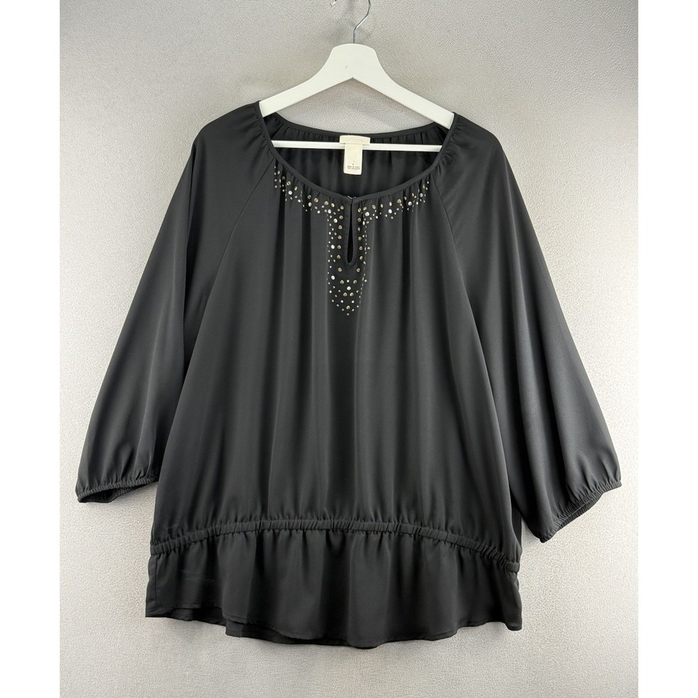 Chicos Women's Sz 3 (XL) Black Satin Ruffle Trim Metal Stud Accents Blouse‎ Top
